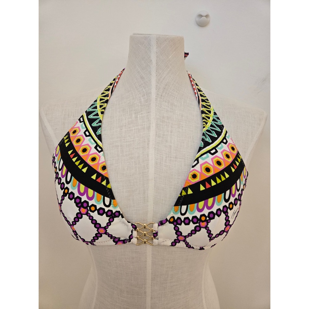 Trina Turk Geometric Halter Bikini Top Size 8 Gold Hardware Resort Swim